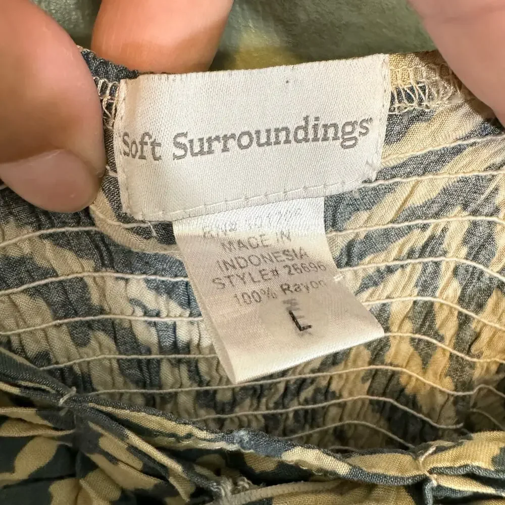 Soft Surroundings Maxi Dress L Tan Zebra Print Boho Smocked Resortwear Vacation - Picture 10 of 10